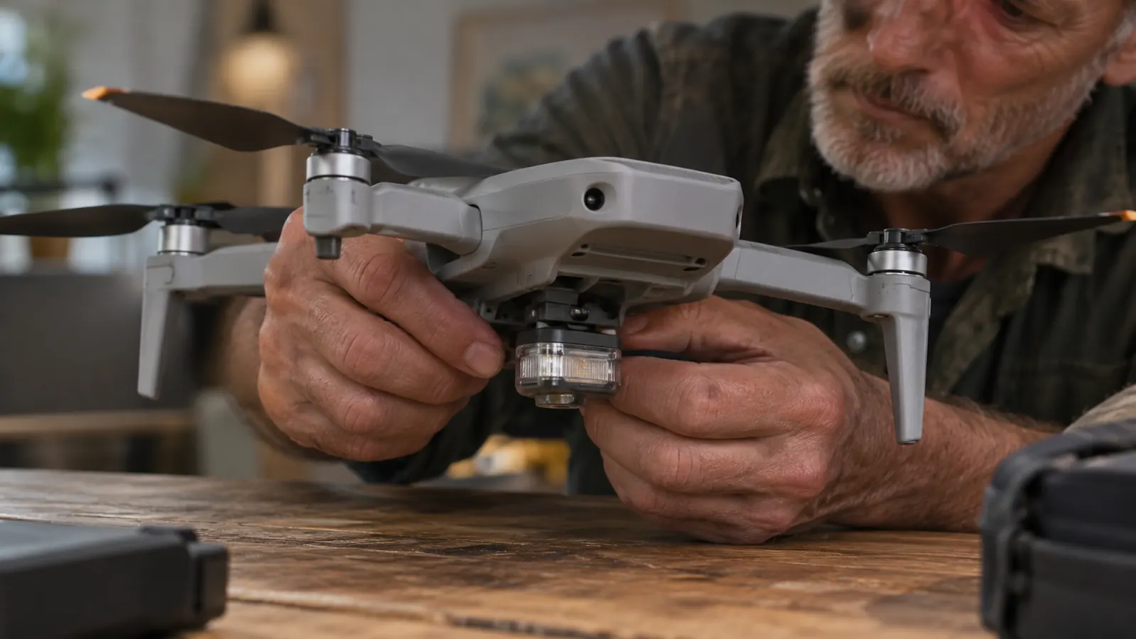 A pilot's hand adjusting a small strobe light mounted on the underside of a drone on a table.