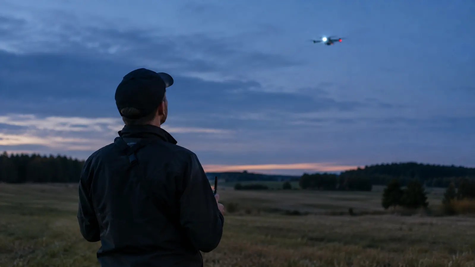 A pilot standing in an open field at dusk, looking up at a drone whose strobe light is a bright point in the sky.