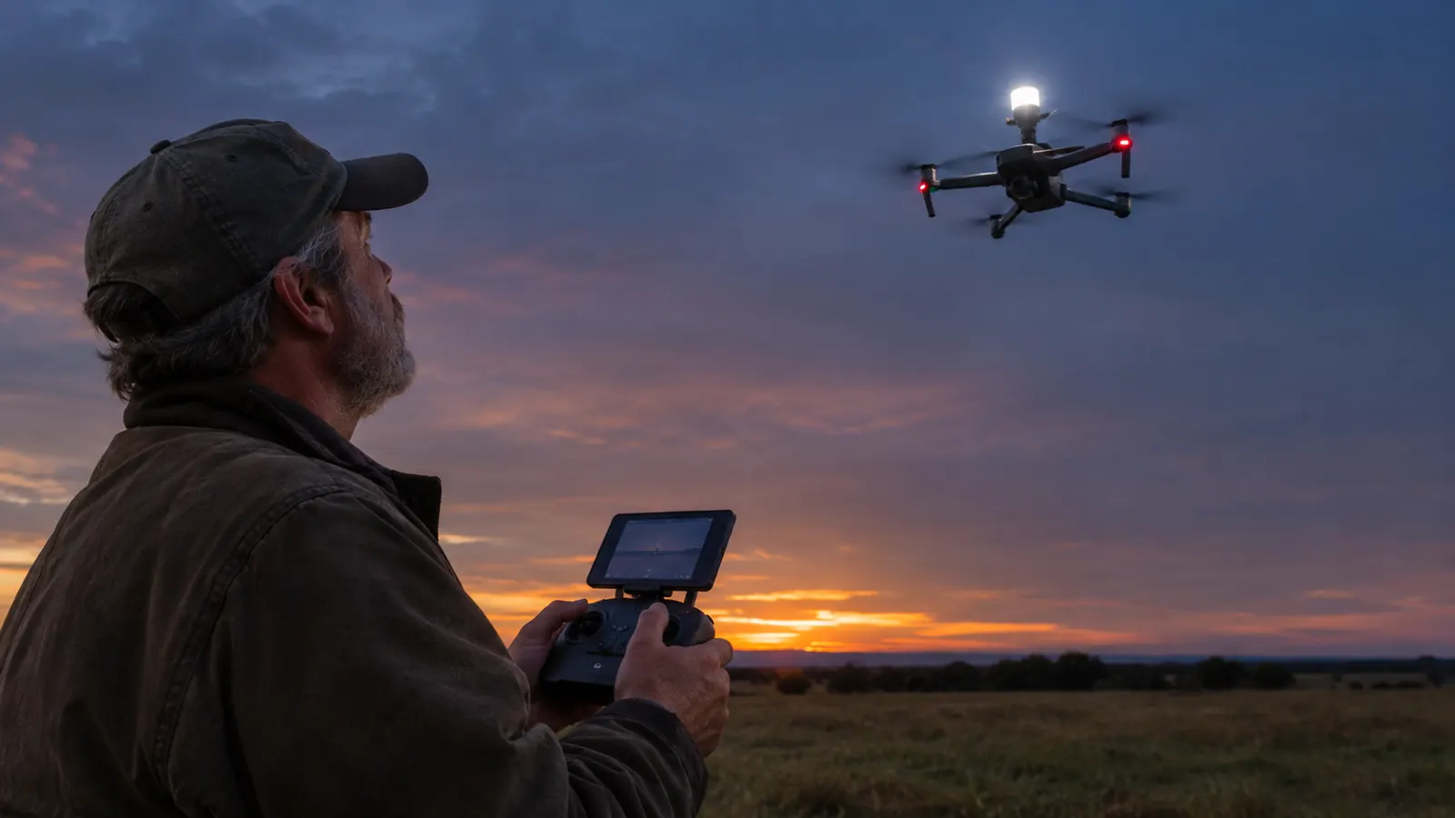 A pilot holding a controller and looking up at a small drone with a strobe light in a twilight sky